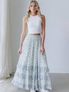 free people brynn maxi skirt in ivory and blue floral